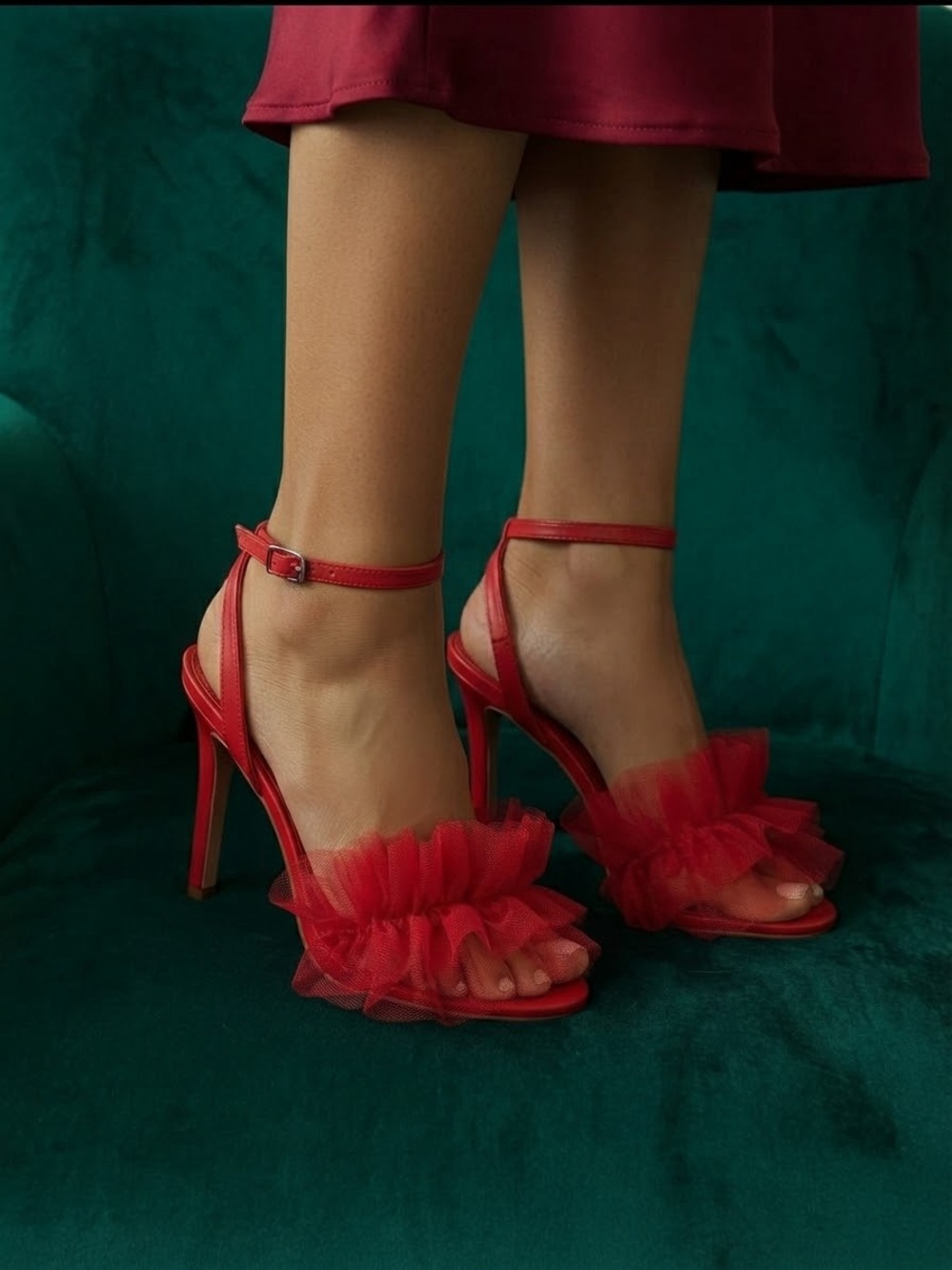 Gianni Bini Red Ruffle Ankle-Strap Stilettos